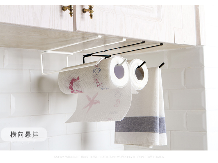 Kitchen Cabinet Punch-Free Iron Painting Towel Plastic Wrap Tissue Roll Paper Storage Rack