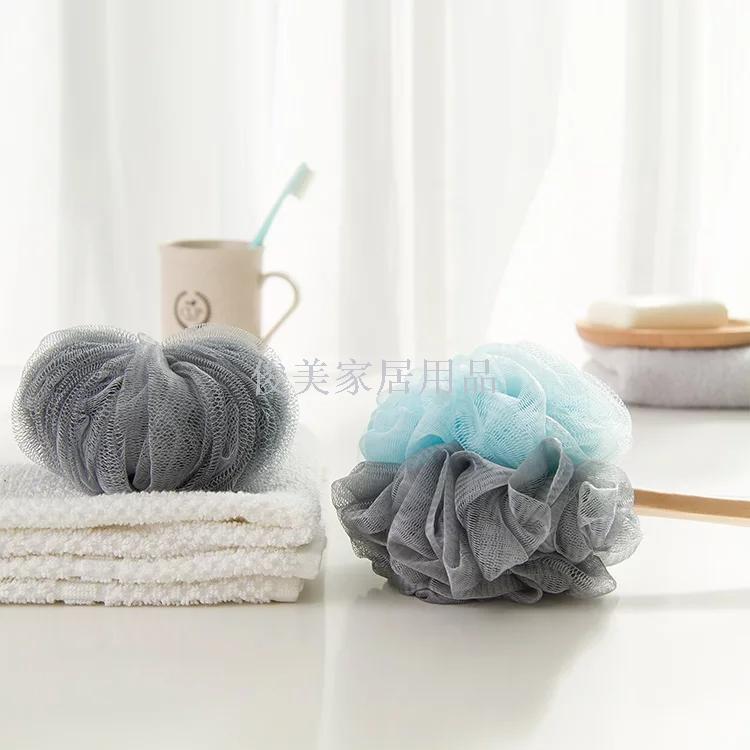 Super soft wooden handle bath flower, with handle rub back bath brush can hang large PE bath brush.
