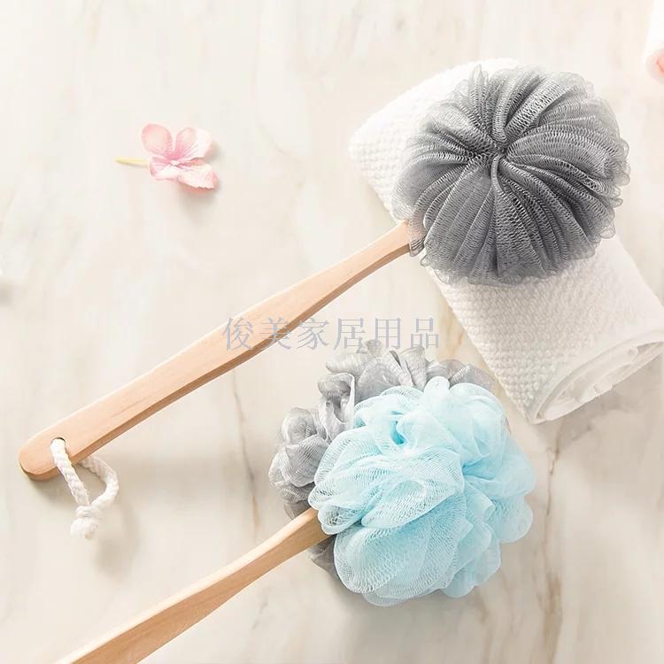 Super soft wooden handle bath flower, with handle rub back bath brush can hang large PE bath brush.