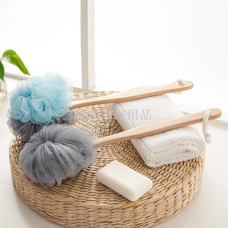 Super soft wooden handle bath flower, with handle rub back bath brush can hang large PE bath brush.
