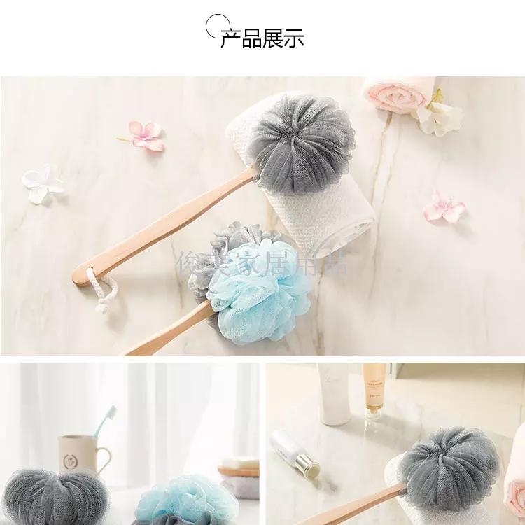 Super soft wooden handle bath flower, with handle rub back bath brush can hang large PE bath brush. Super soft wooden handle bath flower, with handle rub back bath brush can hang large PE bath brush.
