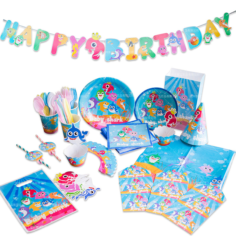 Baby Shark Theme Paper Cup Paper Pallet Tissue Tablecloth Tableware Shark Baby Birthday Party Decoration Set