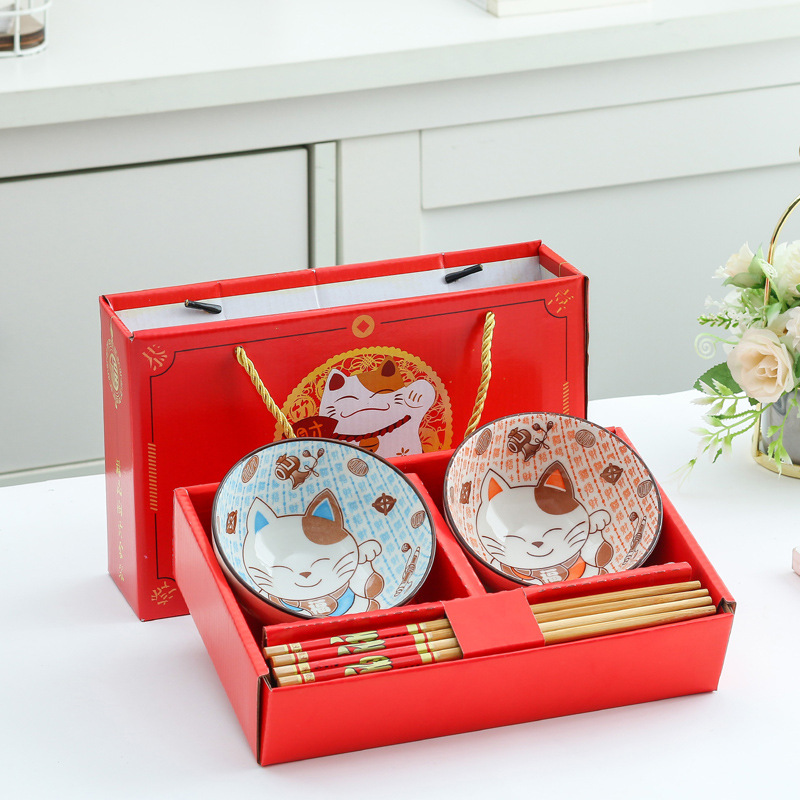 Gift Bowl and Chopsticks Set Fortune Cat Ceramic Bowl Tableware Opening Custom Wedding Sales Gift Box Bowl Set Event Gift
