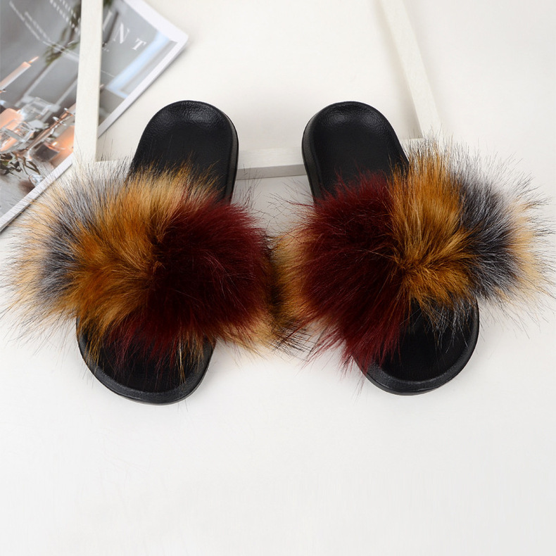 Amazon Faux Fox Fur Slippers Female Summer New Style Plush Slipper Faux Raccoon Fur Non-Slip Sandals