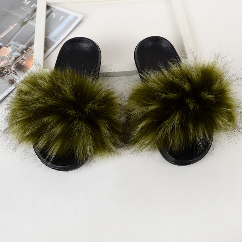 Amazon Faux Fox Fur Slippers Female Summer New Style Plush Slipper Faux Raccoon Fur Non-Slip Sandals