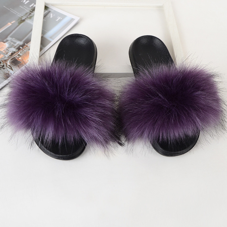 Amazon Faux Fox Fur Slippers Female Summer New Style Plush Slipper Faux Raccoon Fur Non-Slip Sandals