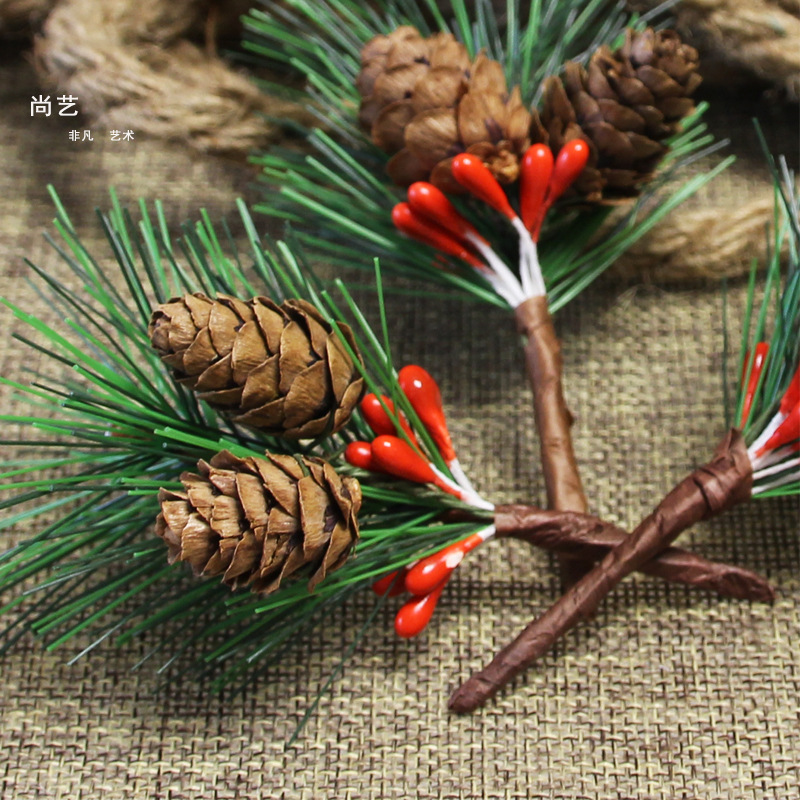Pine Needle Mini Christmas Tree Accessories Gift Box Decoration Artificial Flower Christmas Decoration Small Plug-in Pine Cone Cross-Border