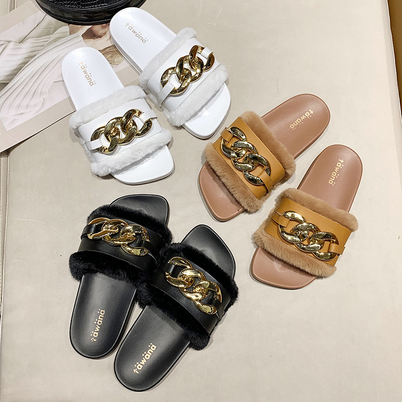 2021 Cross-Border E-Commerce New Faux-Metallic Three-Button Fur Slipper One-Word Comfortable Flat Casual Women&#039;s Slipper Wholesale