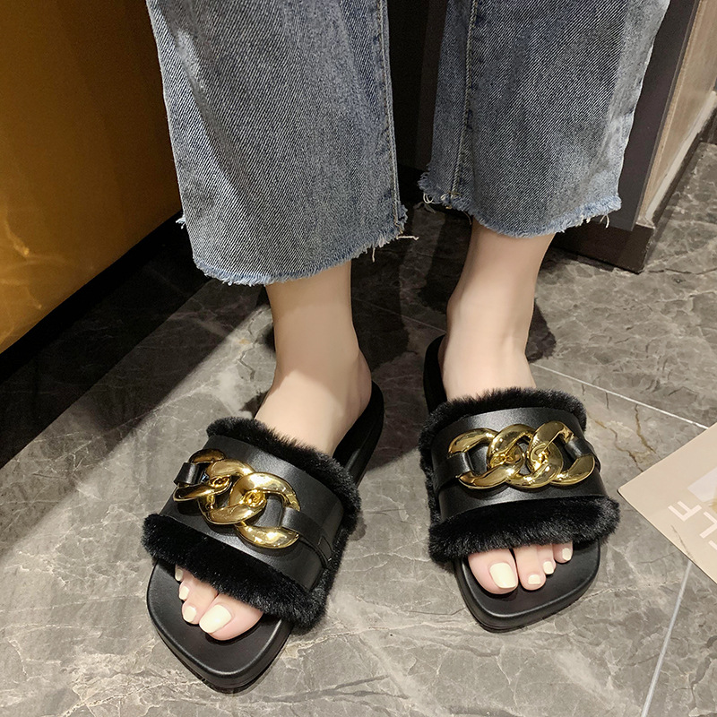 2021 Cross-Border E-Commerce New Faux-Metallic Three-Button Fur Slipper One-Word Comfortable Flat Casual Women&#039;s Slipper Wholesale