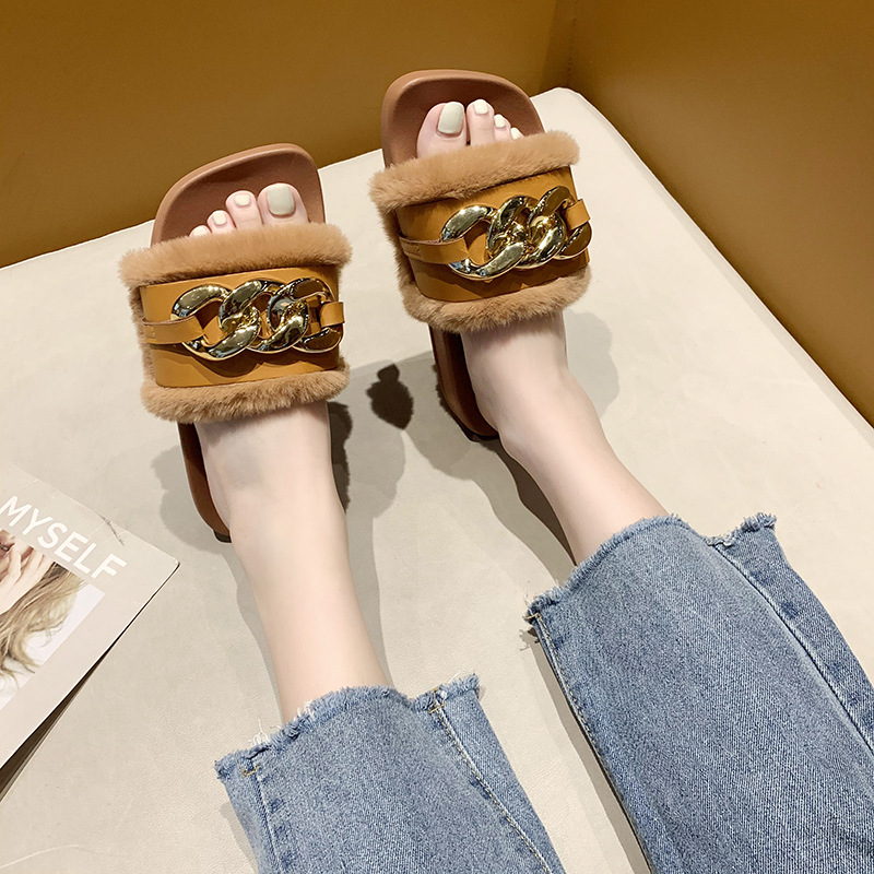 2021 Cross-Border E-Commerce New Faux-Metallic Three-Button Fur Slipper One-Word Comfortable Flat Casual Women&#039;s Slipper Wholesale