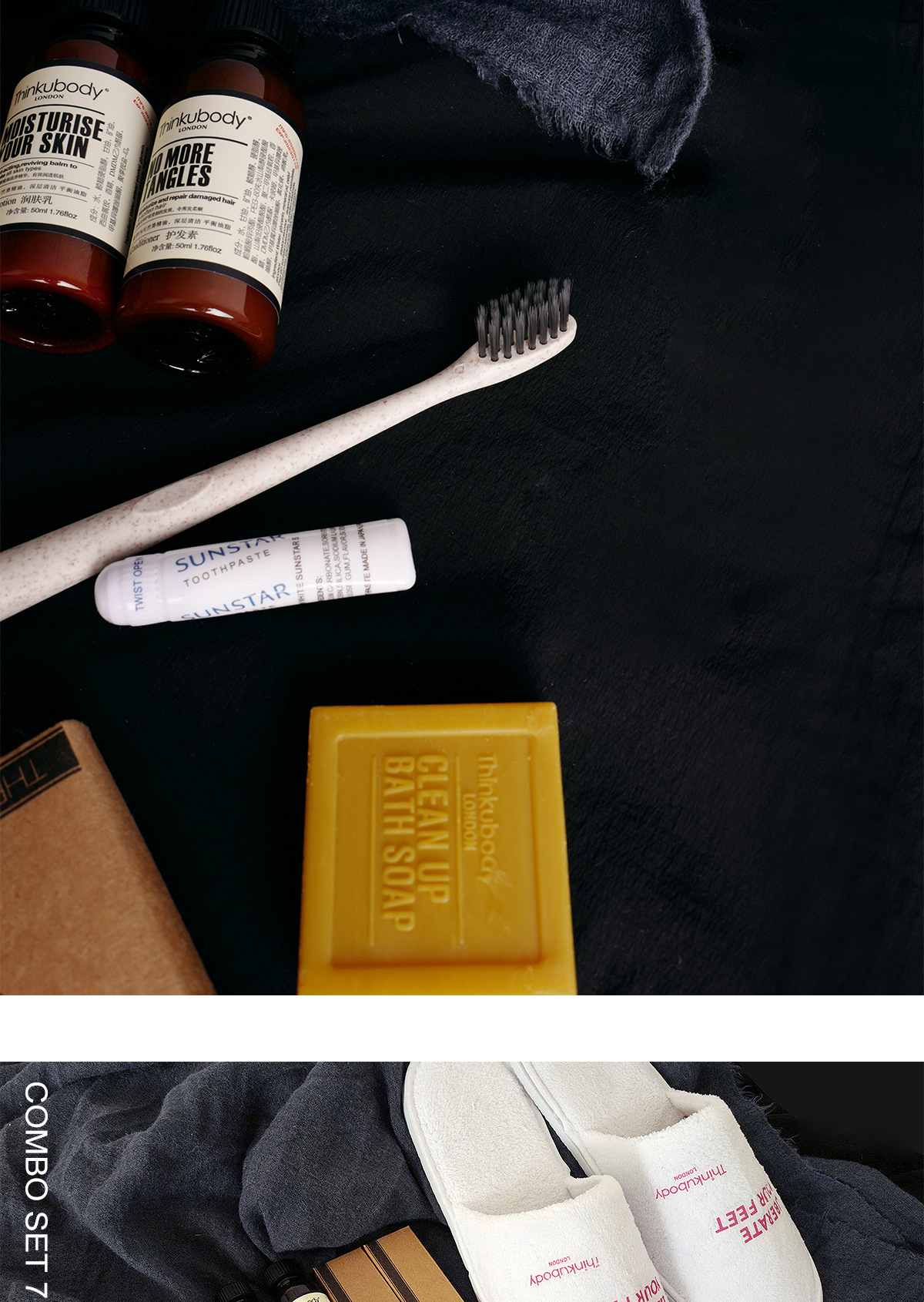 Wholesale British Thinkubody Hotel Disposable Toothbrush Toothpaste Set Toiletries Shampoo Shower Gel