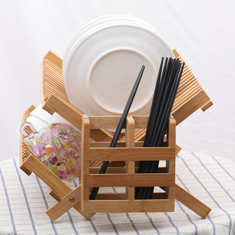 Bamboo Double-Layer Dish Rack Plate Rack Draining Rack Solid Wood Kitchen Storage Rack Dish Rack Bowl Bar with Chopsticks Cage Storage Rack
