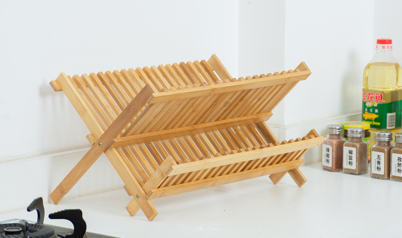 Bamboo Double-Layer Dish Rack Plate Rack Draining Rack Solid Wood Kitchen Storage Rack Dish Rack Bowl Bar with Chopsticks Cage Storage Rack