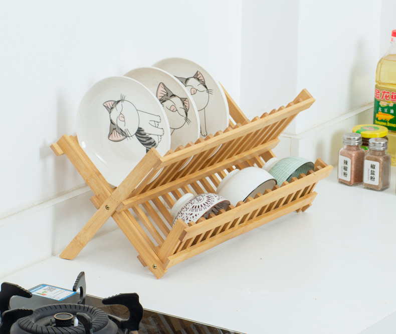 Bamboo Double-Layer Dish Rack Plate Rack Draining Rack Solid Wood Kitchen Storage Rack Dish Rack Bowl Bar with Chopsticks Cage Storage Rack