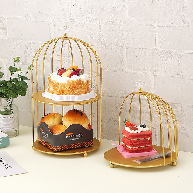 Iron Double-Layer Golden Bird Cage Dessert Table Display Stand Decoration Tea Break Table Cake Tray Pastry Shelf Props