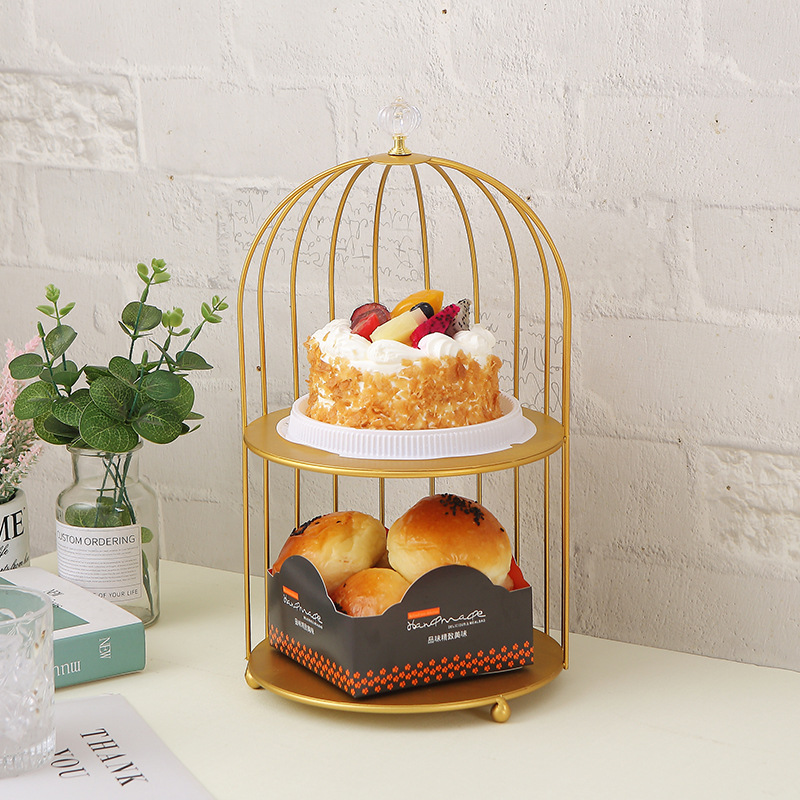 Iron Double-Layer Golden Bird Cage Dessert Table Display Stand Decoration Tea Break Table Cake Tray Pastry Shelf Props