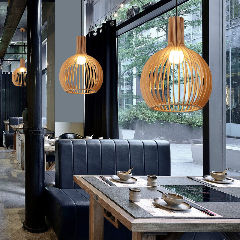Cage Chandelier Creative Restaurant Bar Bar Teahouse Hot Pot Restaurant Lamp German Bird Cage Solid Wood Small Droplight