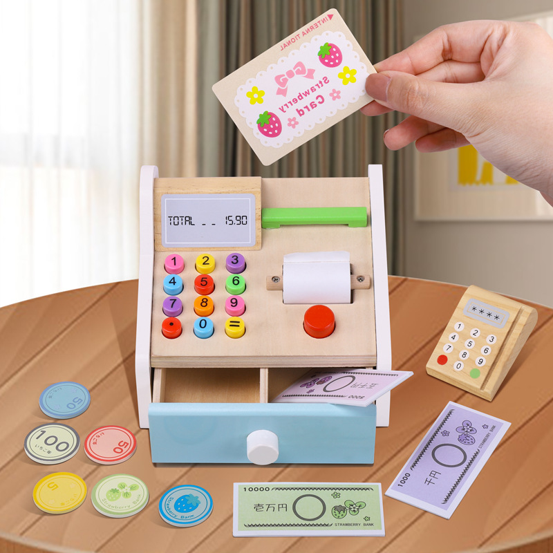 Simulation Cash Register Simulation POS Machine Wooden Children Boys and Girls Interactive Play House Cashier Wooden Toys