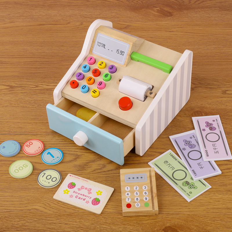 Simulation Cash Register Simulation POS Machine Wooden Children Boys and Girls Interactive Play House Cashier Wooden Toys