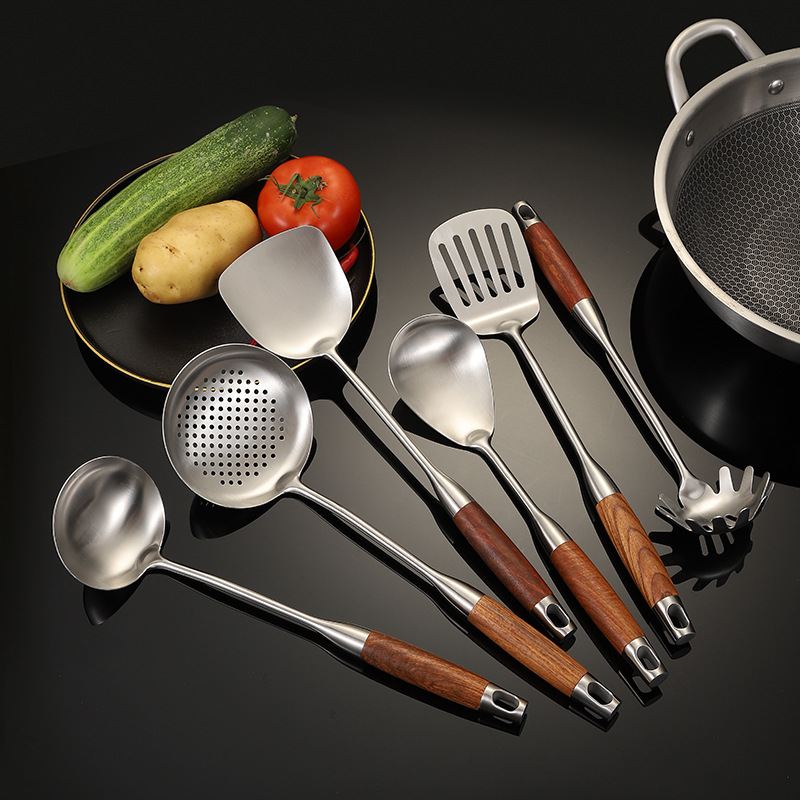 Stainless Steel 304 Rosewood Kitchenware Spatula Cooking Spatula Soup Spoon Colander Cooking Spatula Set Factory Wholesale