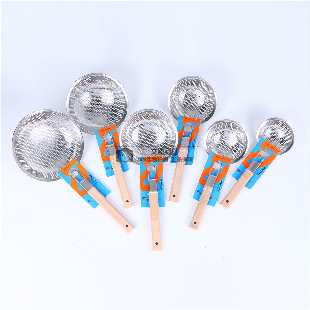 Stainless Steel Colander Drain Oil Grid Multi-Specification High Edge Strainer Spoon Rice Noodle Skimmer Wooden Handle Drain Household Kitchen Utensils