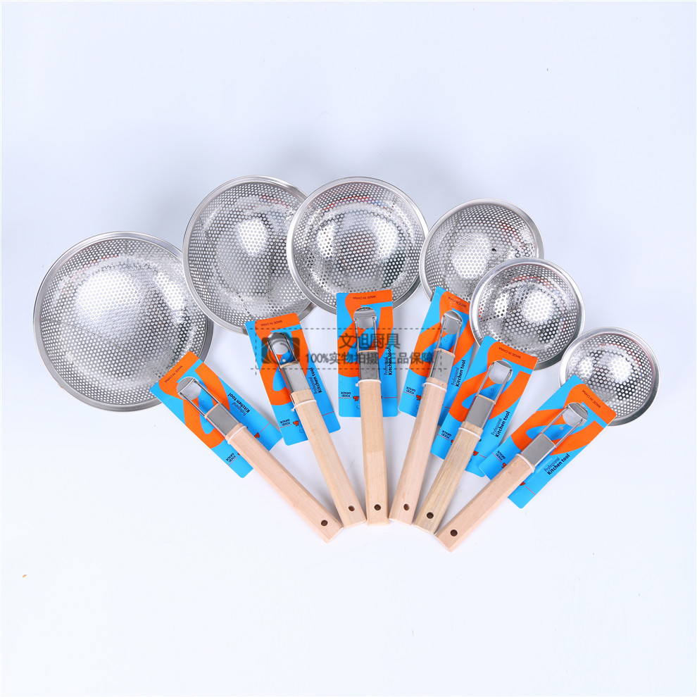 Stainless Steel Colander Drain Oil Grid Multi-Specification High Edge Strainer Spoon Rice Noodle Skimmer Wooden Handle Drain Household Kitchen Utensils