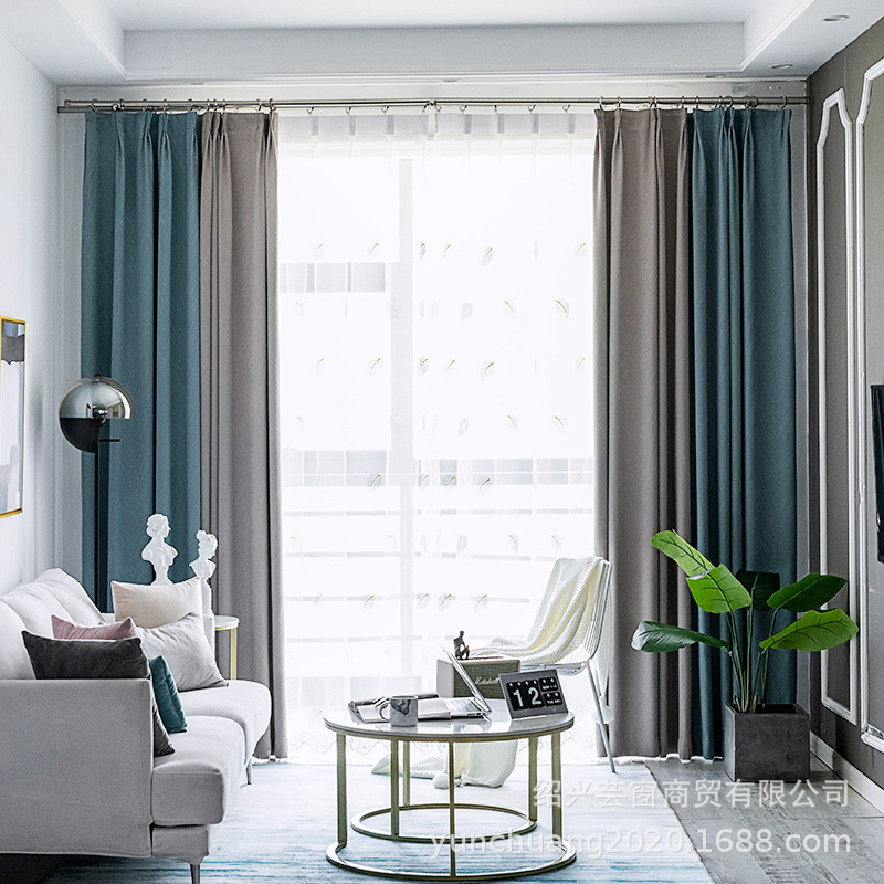New Nordic Simple Color Contrast Patchwork Cashmere Curtain Full Shading Finished Large Herringbone Curtain Fabric Wholesale