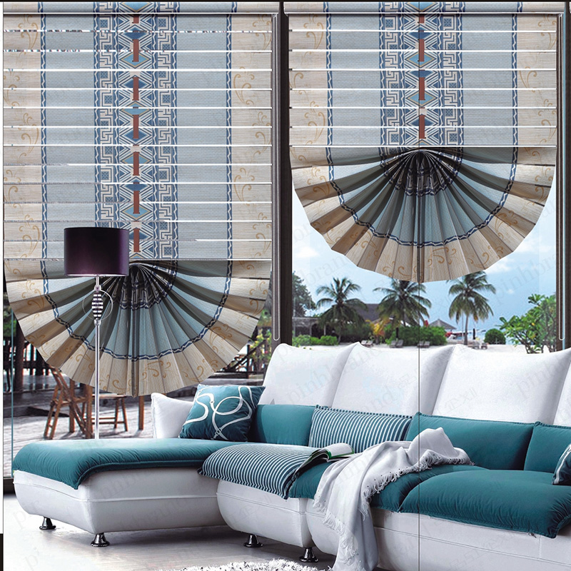Customized New Chinese Fan-Shaped Lifting Roman Curtains Soft Gauze Shutter Louver Curtain Sunshading Punch-Free Customized