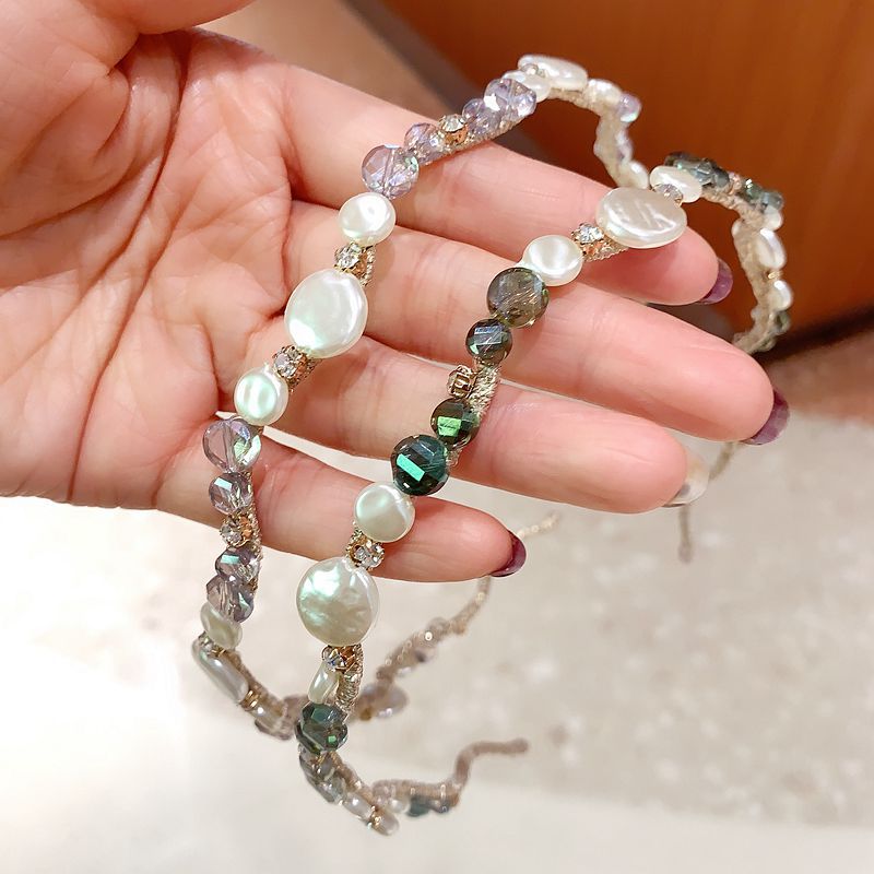 2021 Korean Style Sweet Handmade Wave Pearl Slim Hair Hoop Fairy Girl Mori Style Headband Hair Pressing Hairpin Vintage Headwear