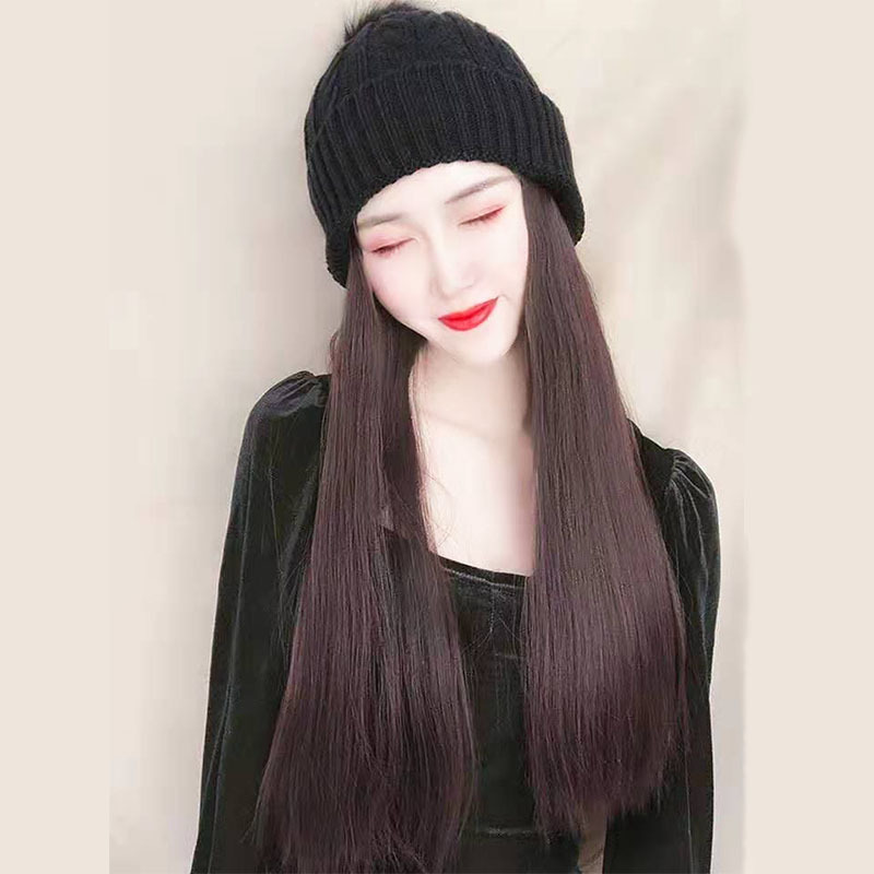 Wig Women&#039;s Long Curly Hair Autumn and Winter Knitted Plush Hat Wig One Female Fashion Big Wave Woolen Cap Wig