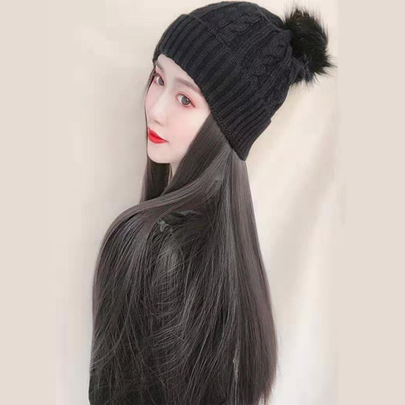 Wig Women's Long Curly Hair Autumn and Winter Knitted Plush Hat Wig One Female Fashion Big Wave Woolen Cap Wig