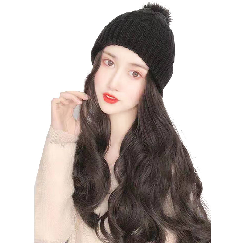 Wig Women's Long Curly Hair Autumn and Winter Knitted Plush Hat Wig One Female Fashion Big Wave Woolen Cap Wig