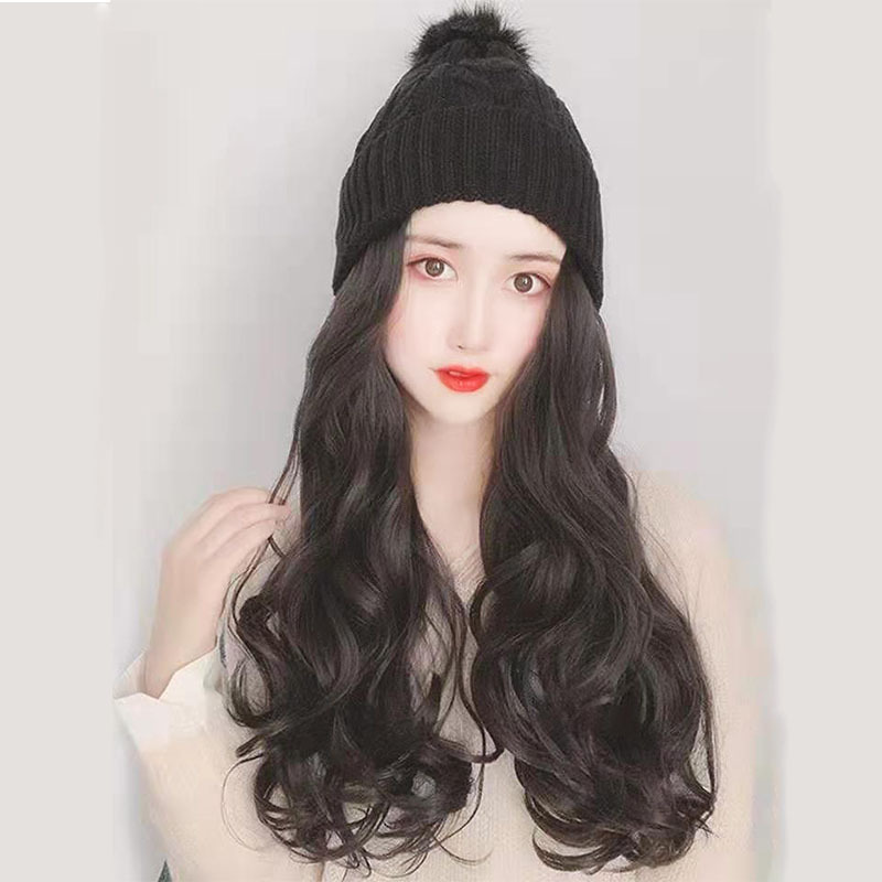 Wig Women's Long Curly Hair Autumn and Winter Knitted Plush Hat Wig One Female Fashion Big Wave Woolen Cap Wig