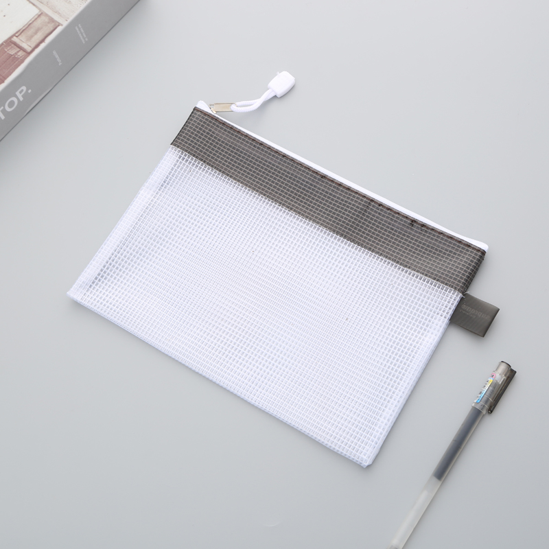 Zipper Closure Transparent Grid Stripe Material Bill Voucher Storage Bag Document Organizing Bag Student Stationery Bag