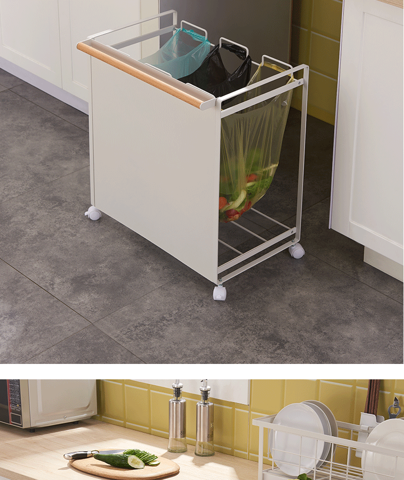 Iron Classification Trash Rack Three-Grid Mobile Pulley Wet and Dry Classification Garbage Rack Indoor and Outdoor Garbage Bag Storage Rack