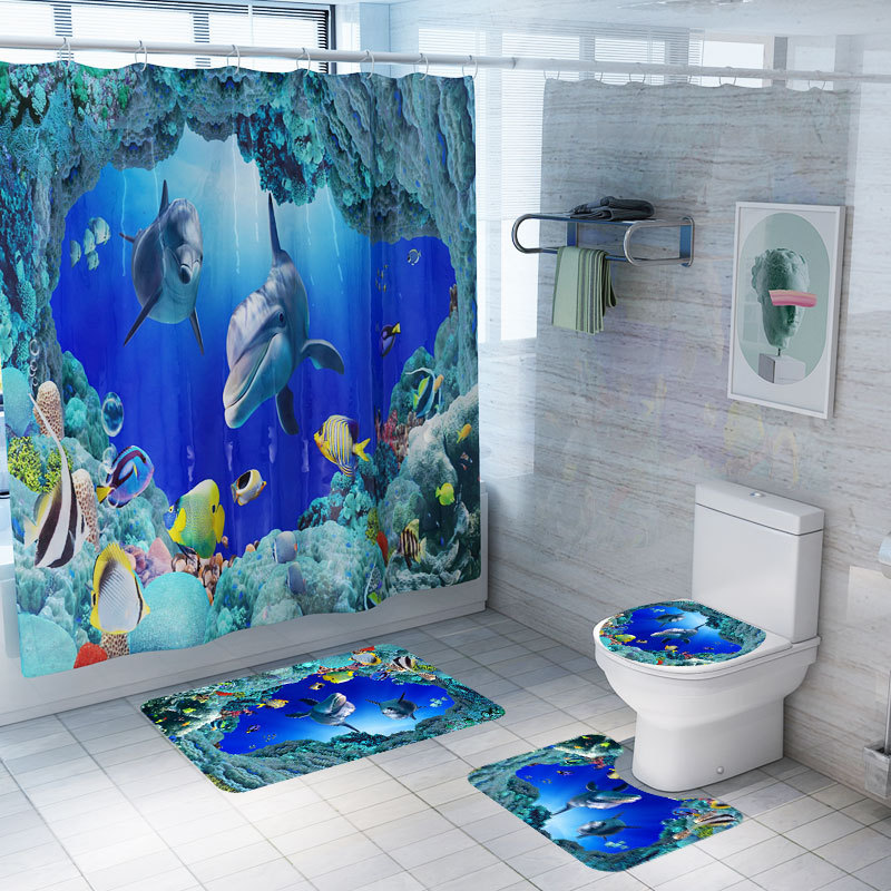 Marine Animal Bathroom Carpet Shower Curtain Four-Piece Toilet Bathtub Non-Slip Mat Set Amazon Cross-Border Customization