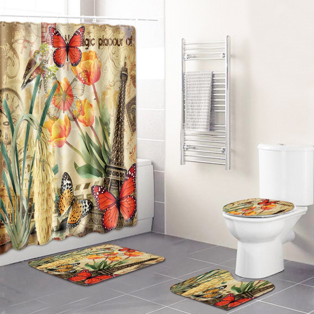 Factory Direct Sales European and American Retro Bathroom Four-Piece Waterproof Shower Curtain Bedroom Carpet Floor Mat Non-Slip Mat Cross-Border Hot Selling