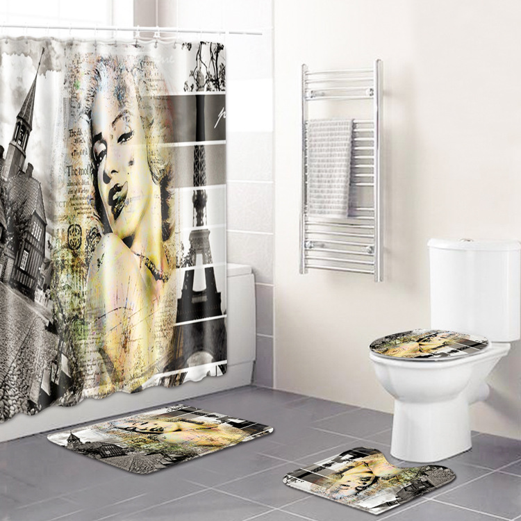 Factory Direct Sales European and American Retro Bathroom Four-Piece Waterproof Shower Curtain Bedroom Carpet Floor Mat Non-Slip Mat Cross-Border Hot Selling