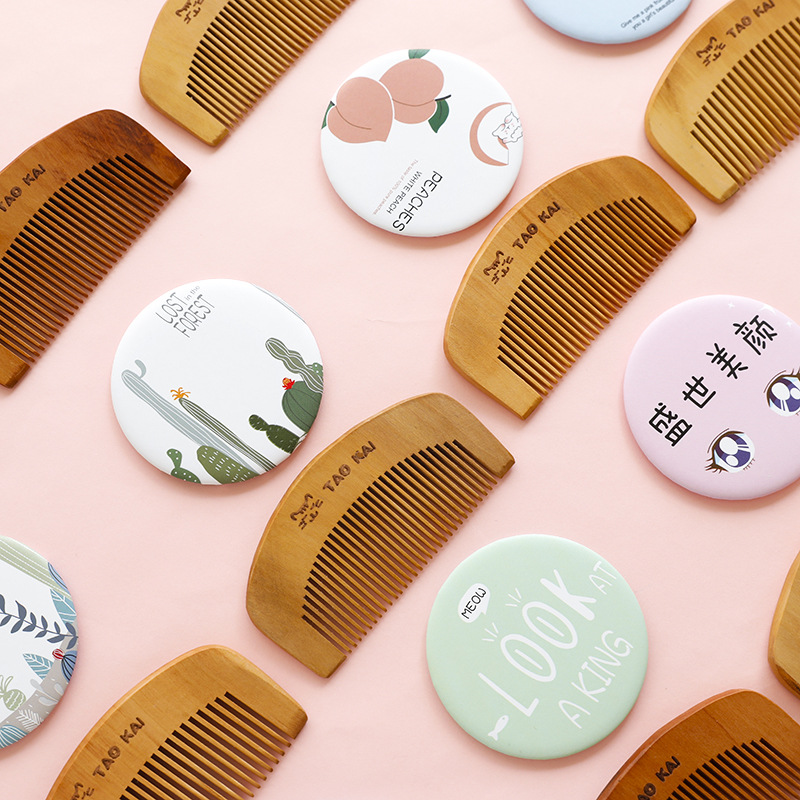 Paipai Girl Korean Style Mirror and Comb Set Women&#039;s Makeup on the Go Dressing Mirror Mini Mirror with Wooden Small Comb