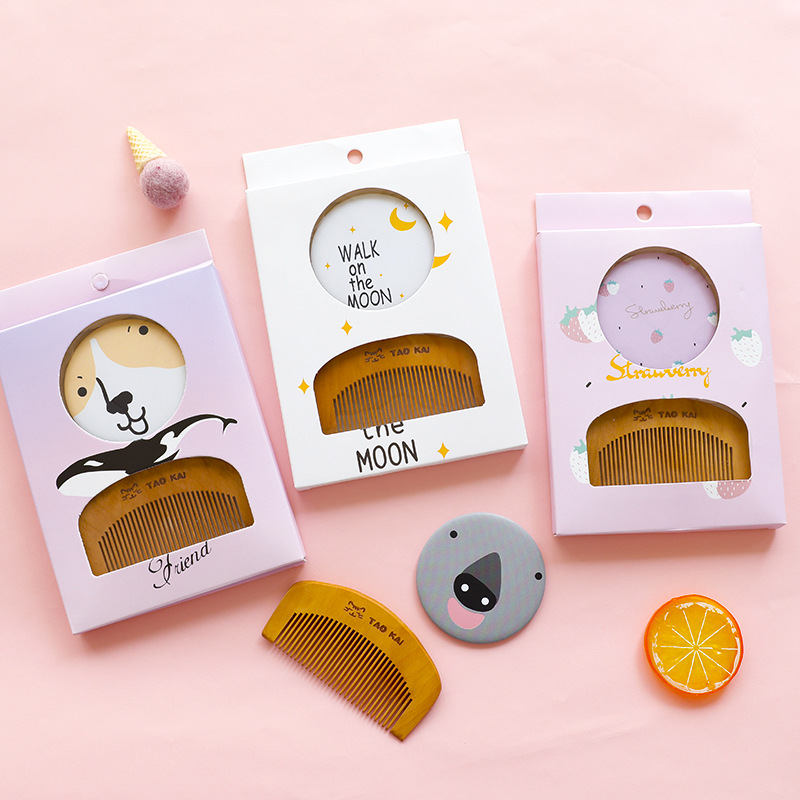 Paipai Girl Korean Style Mirror and Comb Set Women&#039;s Makeup on the Go Dressing Mirror Mini Mirror with Wooden Small Comb
