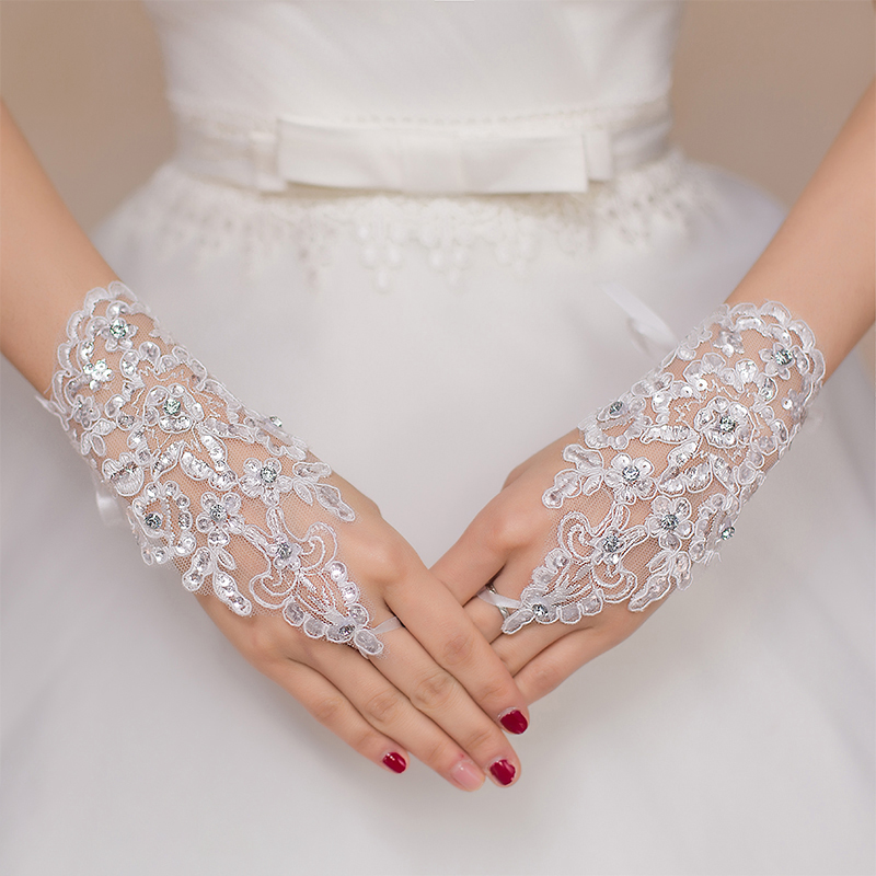New Strap Gloves Short Fingerless Hook Open Finger Lace Sequins Flower Red Red Bridal Wedding Dress Toast Clothing