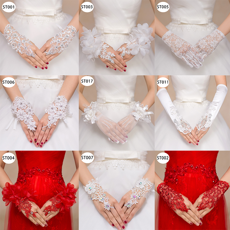 New Strap Gloves Short Fingerless Hook Open Finger Lace Sequins Flower Red Red Bridal Wedding Dress Toast Clothing