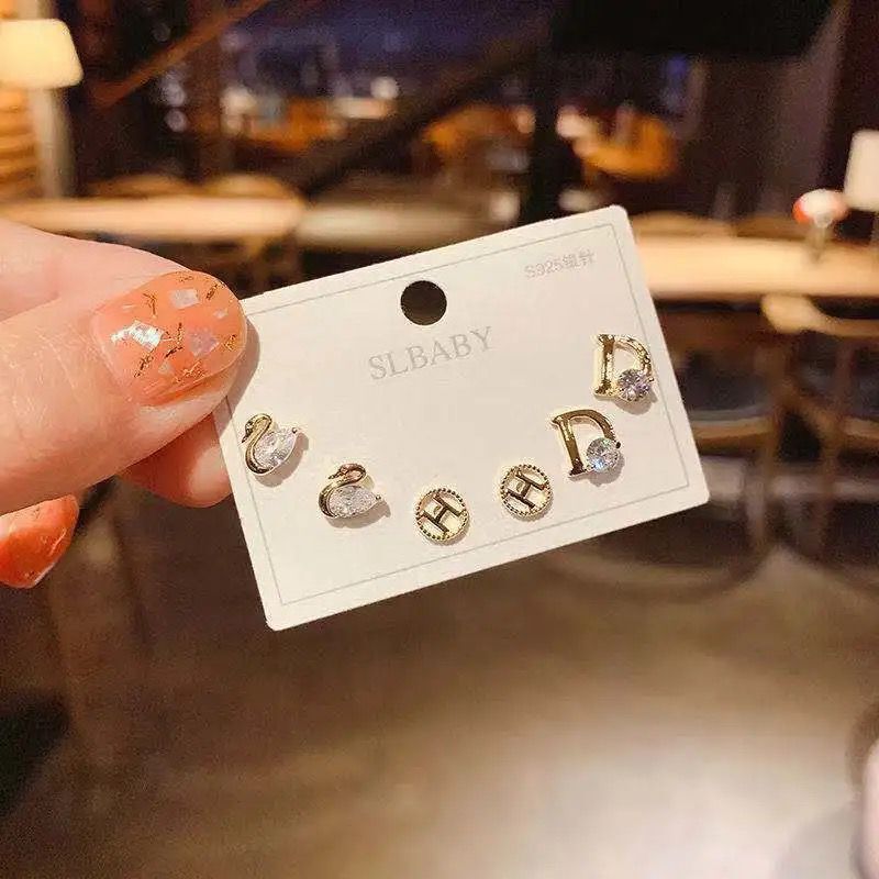 (3 Pairs) 925 Imitation Silver Needle Japanese and Korean Simple Swan Dignified Rhinestone Female Stud Earrings Student Opal Earrings Earrings