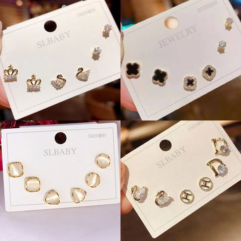 (3 Pairs) 925 Imitation Silver Needle Japanese and Korean Simple Swan Dignified Rhinestone Female Stud Earrings Student Opal Earrings Earrings