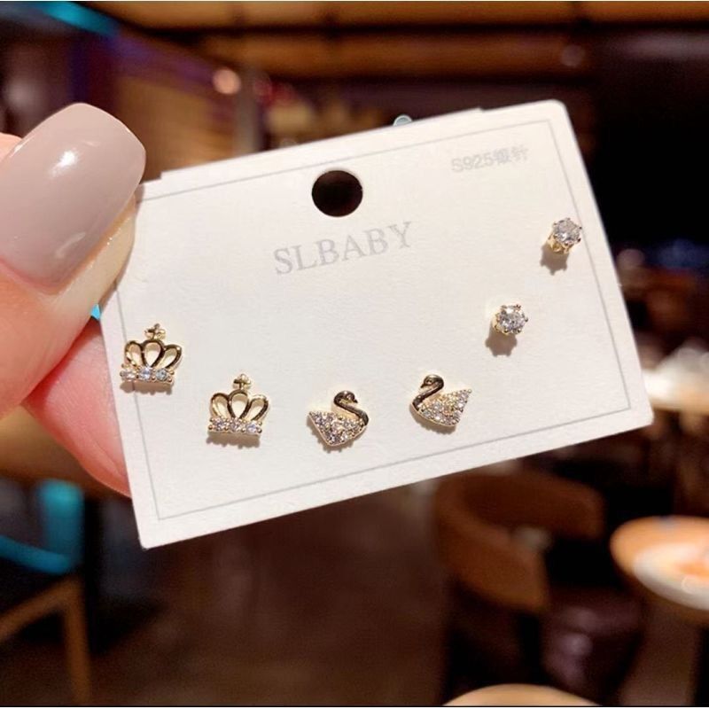 (3 Pairs) 925 Imitation Silver Needle Japanese and Korean Simple Swan Dignified Rhinestone Female Stud Earrings Student Opal Earrings Earrings