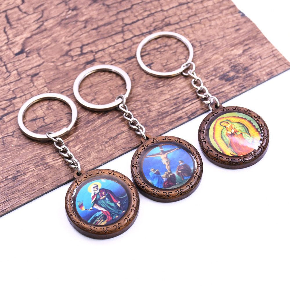 (Random Images) Wooden Icon Stickers Religious Keychain Pendants Tourist Souvenirs Gifts