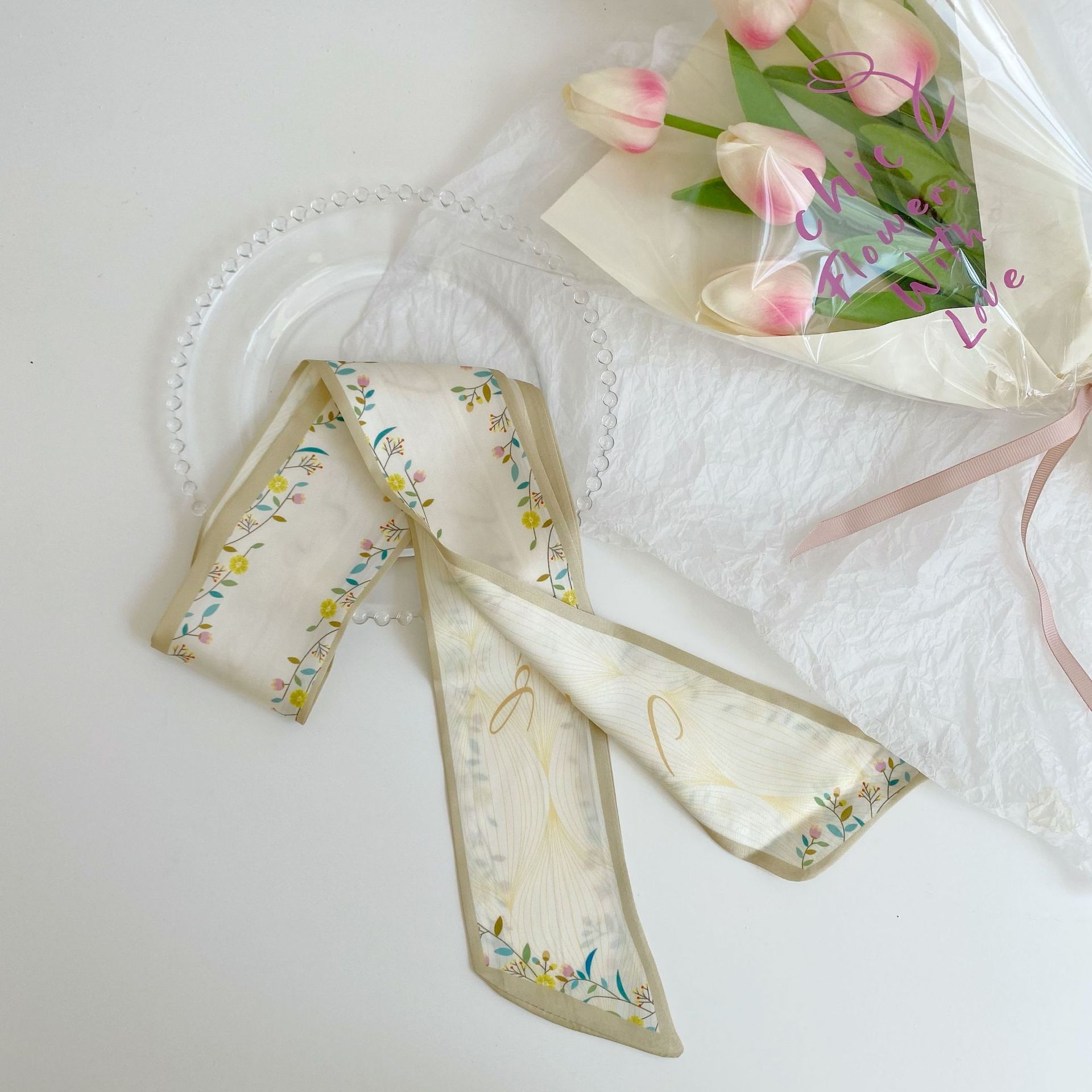 2021ins Spring New All-Match Silk Scarf Girl&#039;s Heart Tie-up Hair Tie Hair Ribbon Arm Bag Multi-Functional Hair Band