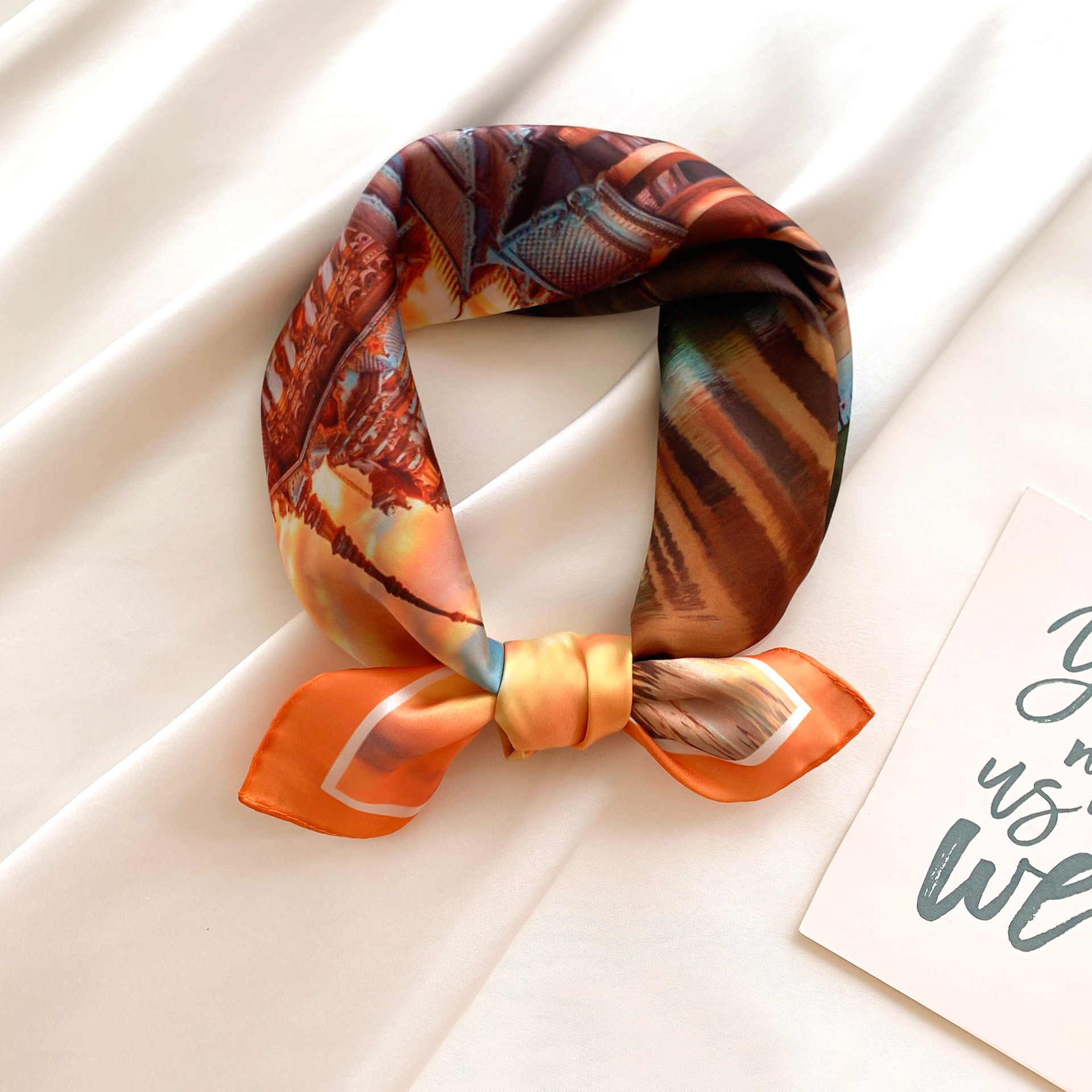Korean Style Spring and Summer 55cm Emulation Silk Scarf Women&#039;s Printed All-Matching Decorative Scarf Small Square Towel Arm Bag Hair Band in Stock