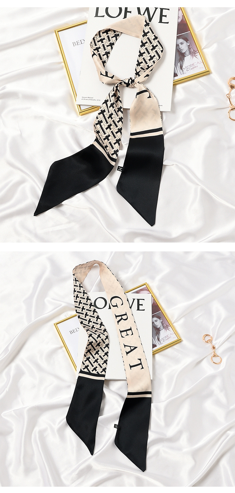 French Retro Long Scarf Women's Black Ribbon Shirt Arm Bag Ribbon Headband Spring and Autumn Summer Double-Sided Scarf