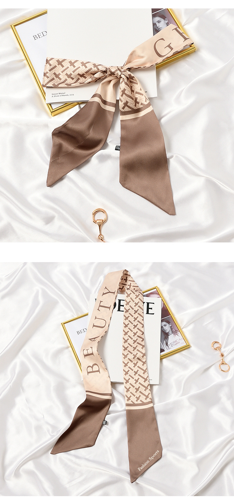 French Retro Long Scarf Women's Black Ribbon Shirt Arm Bag Ribbon Headband Spring and Autumn Summer Double-Sided Scarf